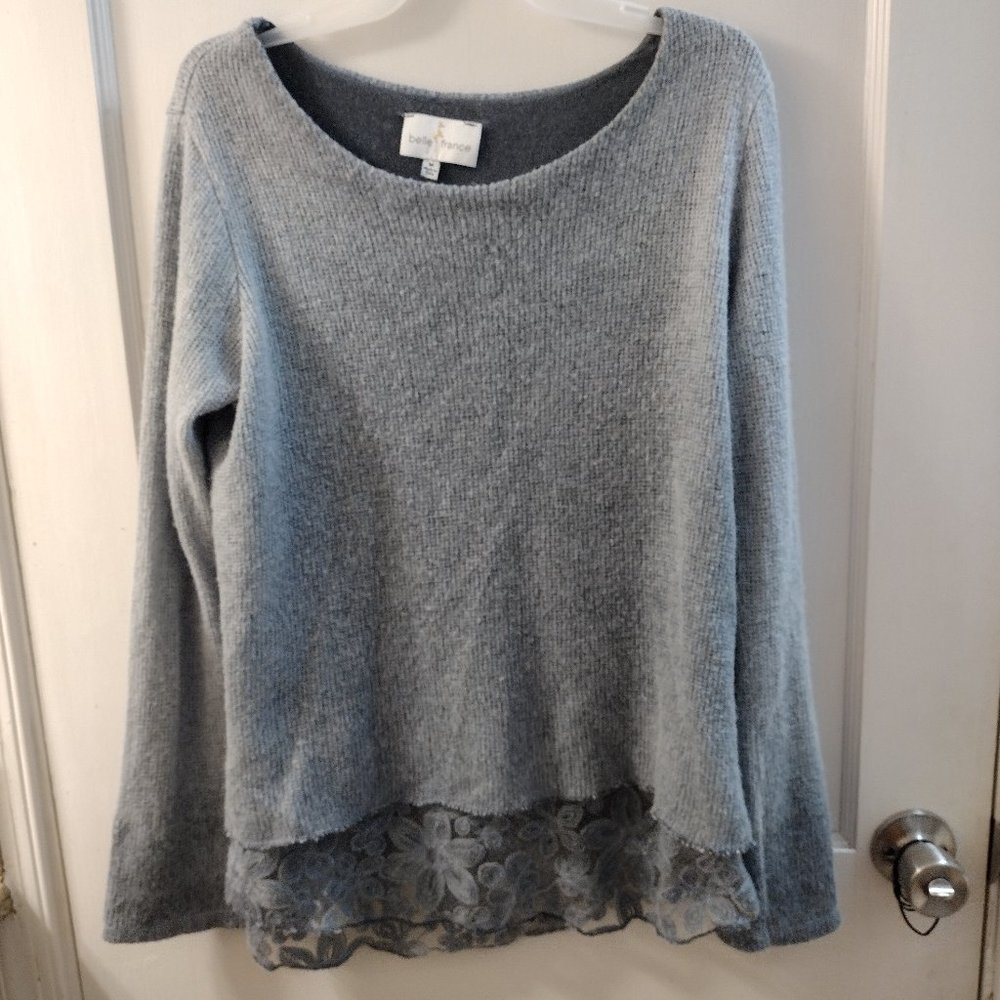 Belle France, Women's Gray Long Sleeve Sweater Feel Blouse, Size M